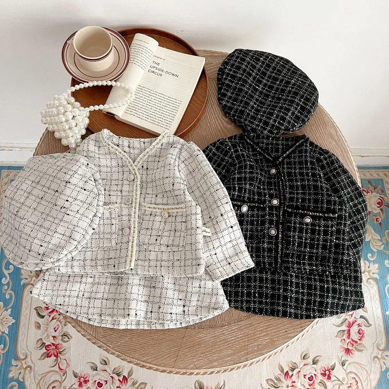 3PCS Set Baby Girl Clothes 0-3Years Princess Kids Long Sleeve Plaid Cardigan Jacket Tops A-line Skirt Hat Chic Style Autumn Suit