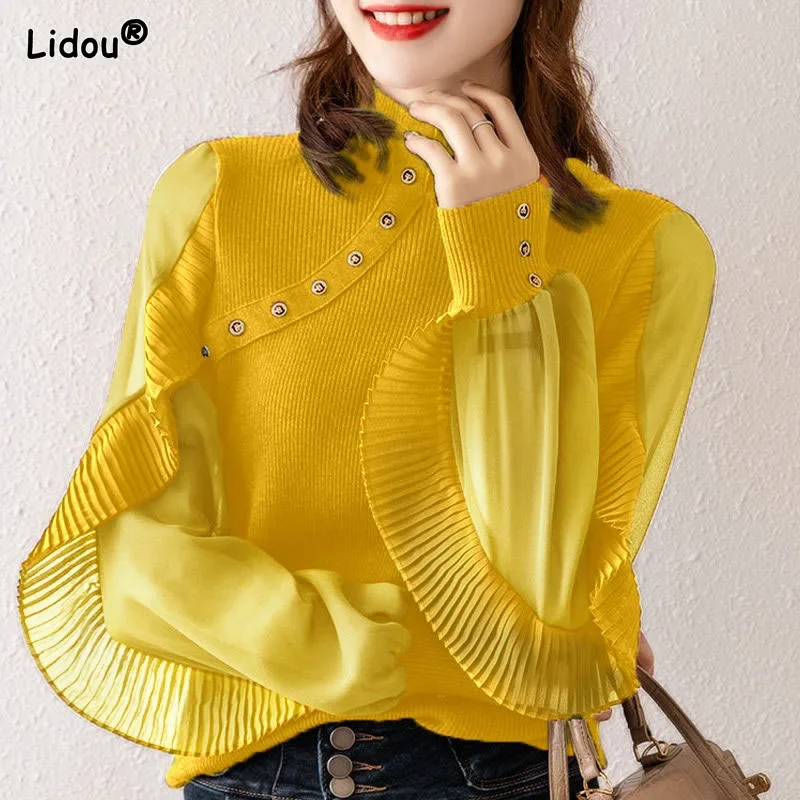 

Ruffled Lantern Sleeves Sequined Korean Women's Clothing Spring Summer Thin Bright Colors Slim Half High Collar Solid Pullovers