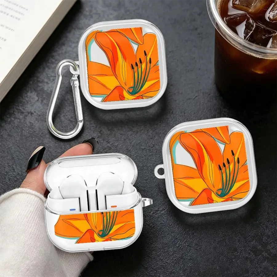 Orange Lily Print Clear Earphone Cases Cover With Hook Case For Samsung Galaxy Buds Live 2Pro 4 Pro 4Pro 3 FE 3Pro 2