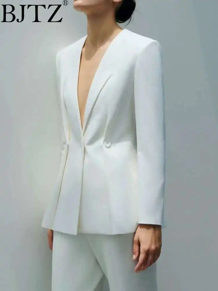 

BJTZ Fashion Designer Solid Color Blazer Jacket For Women 2025 Spring New V-neck Long Sleeve Temperament Waist Female Coat