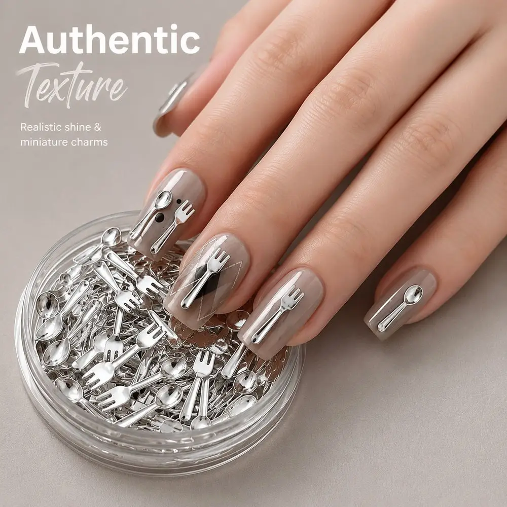 50Pcs Metal Cutlery Nail Ornaments Ins Korean Style Mini Fork Spoon 2‑Color Gold Silver Charms For Custom DIY Nail Art Design