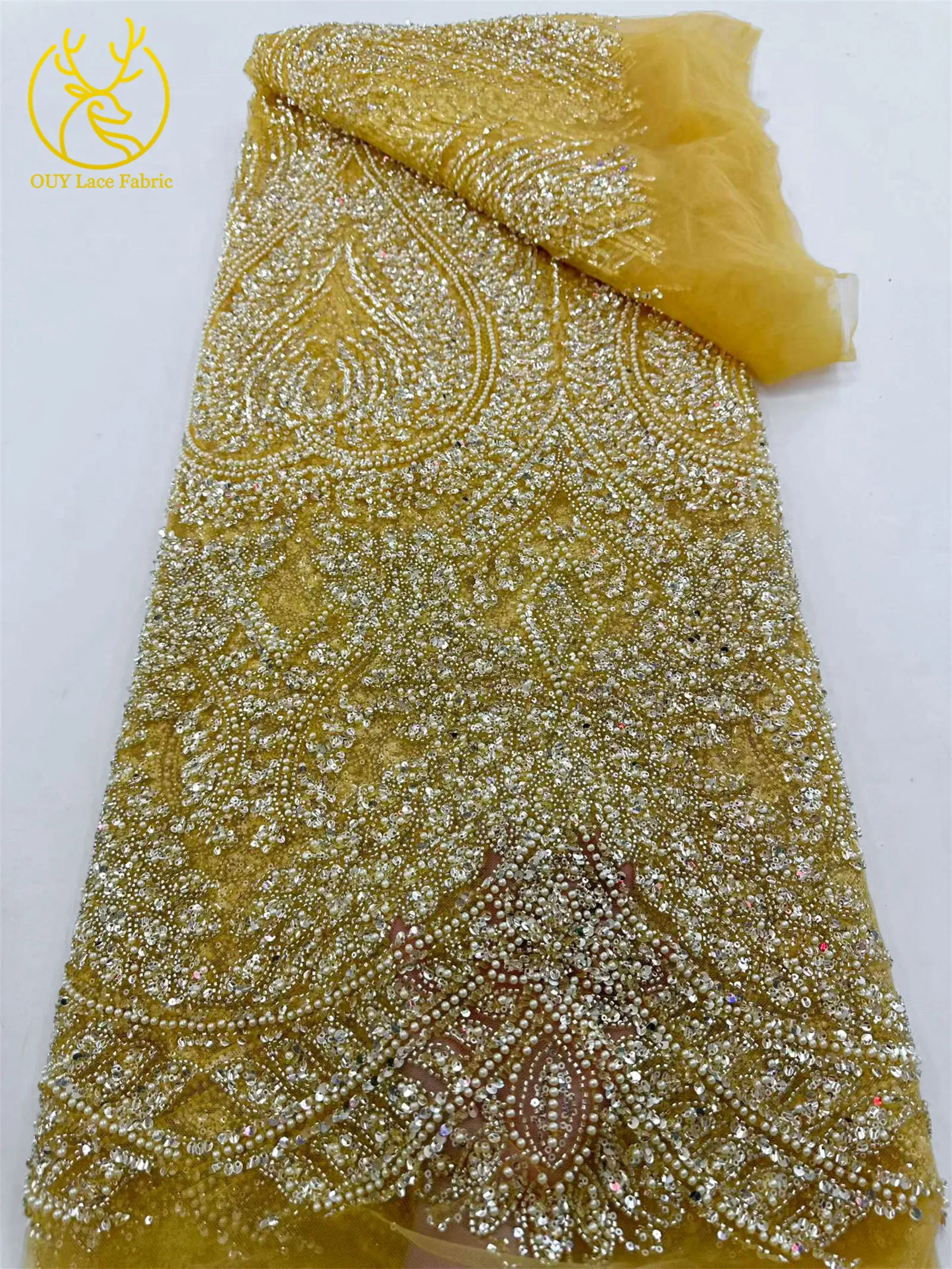 Afrikanischer Brautkleid-Spitzenstoff 2026, französische Pailletten-Spitze, 5 Yards, nigerianische Stickerei, Hochzeits-Mesh-Spitze für Partykleider und Näharbeiten – Detail 15