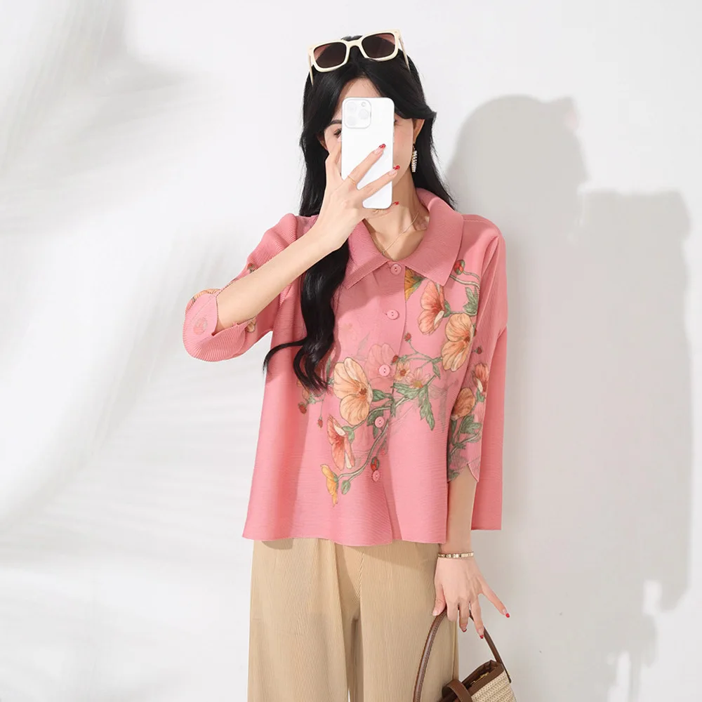 

Miyake New Spring and Autumn Large Size Fashion High-end Lapel Top Loose Large Size Breasted Cardigan Shirt