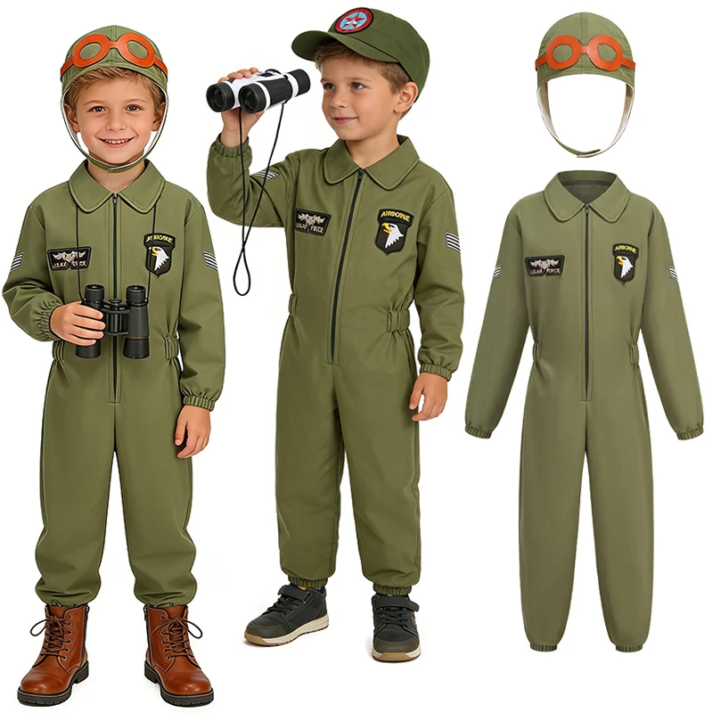Air Force Pilot Kids Clothes Flight Suit Jumpsuit Boys Girls Outfits Halloween Cosplay Birthday Party Children's Aviator Uniform