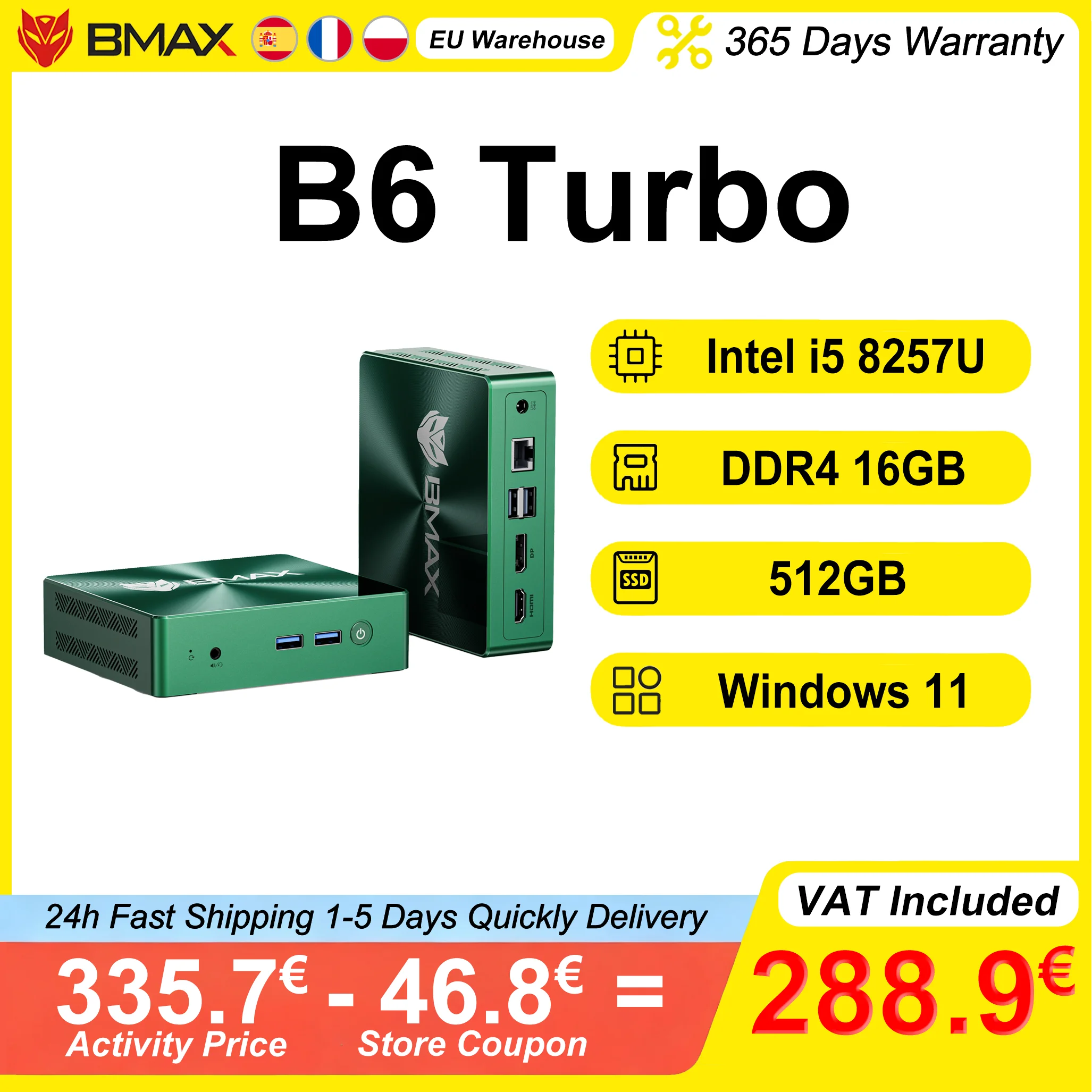 Bmax B6 Turbo Mini Pc 16GB RAM 512GB ROM Intel I5 8257U Windows 11 Wifi 6 Intel Iris Plus Graphics 645 HDMI DP USB