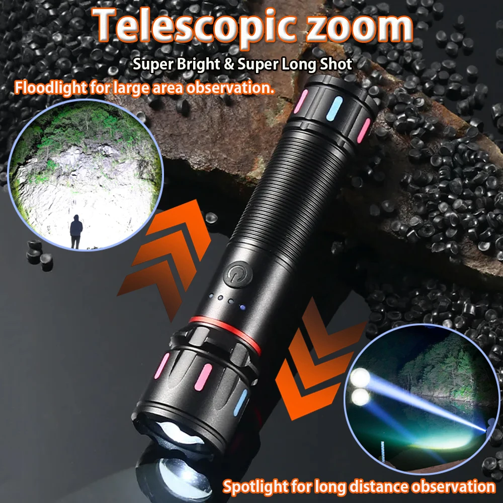 High Powered Handheld Flashlight, Rechargeable LED Flashlights with a Long-range Reach Zoomable Waterproof Outdoor Torch