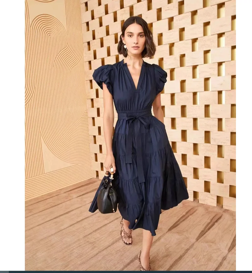 

Cotton bubble short sleeved V-neck belt mid length women's dress
