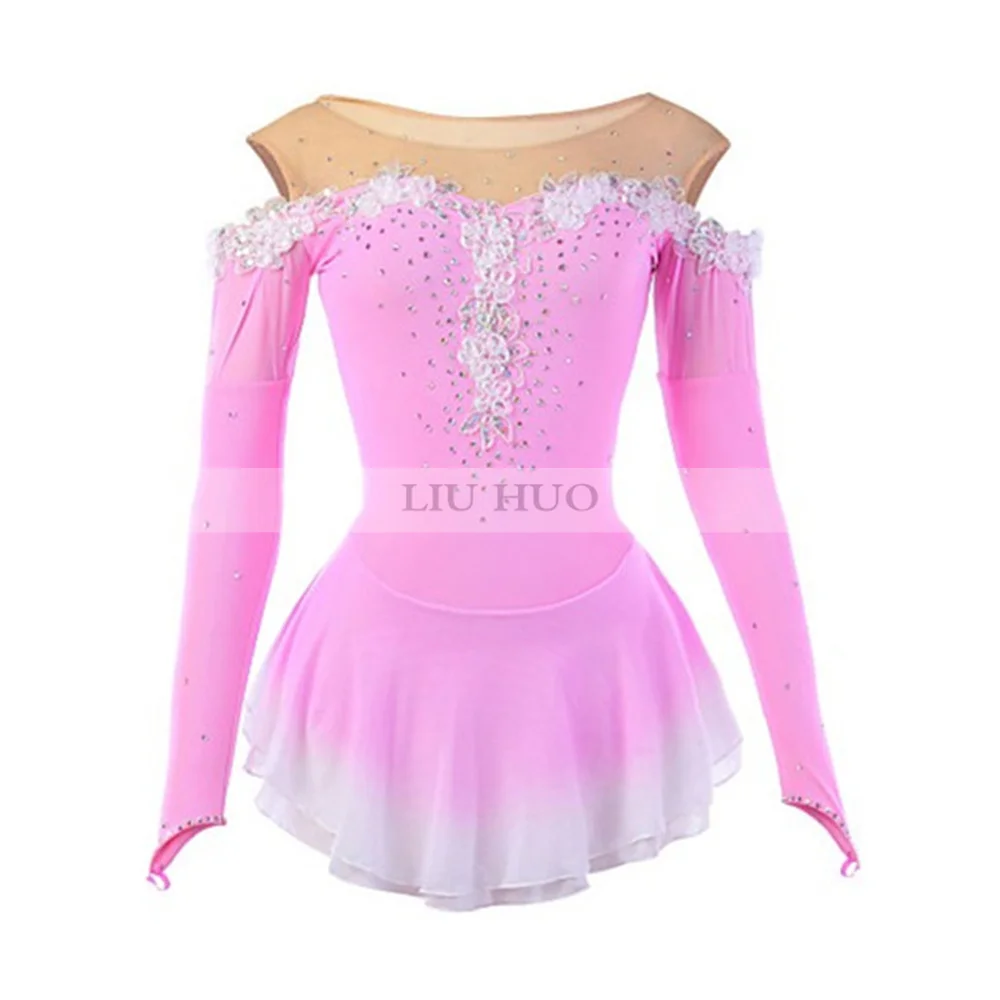 LIUHUO Women's Girls' Figure Ice Skating Dress Costume Leotard Pink Flower Halo Dyeing Spandex Mesh High Elasticity Competition