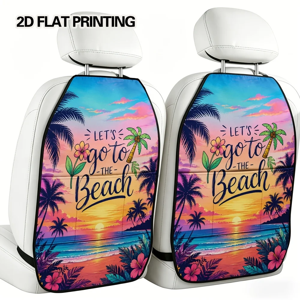 2D Flat, 2pcs Tropical Sunset Paradise Print Versatile Backseat Car Organizer Mats, Back Seat Car Organizer, Foldable Pocket-Sty