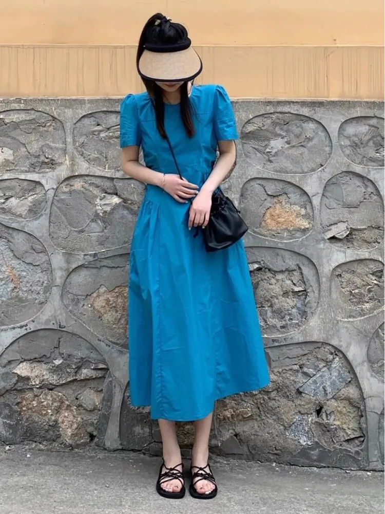 Blue Bubble Sve Dr Women's Mid-Length Summer New Sle High Waist Commute Korean Version Other Material 00%