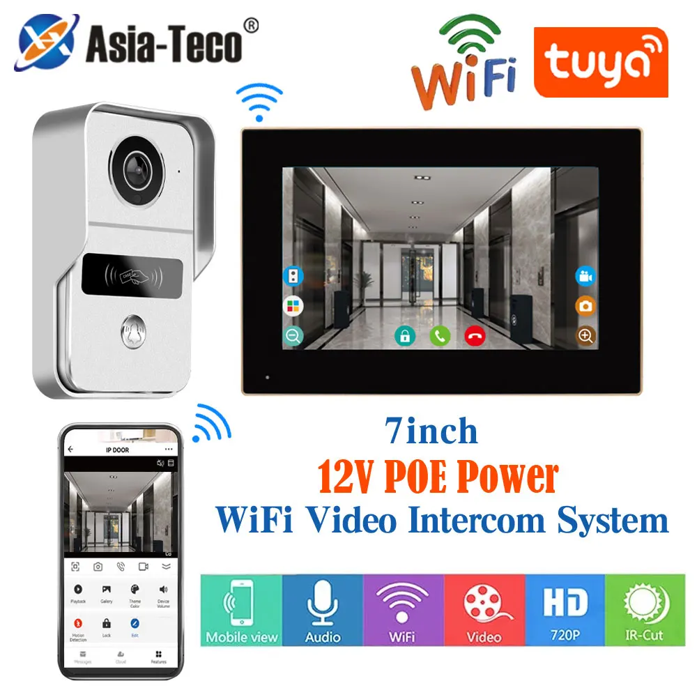 1080P TUYA App WiFi Video Door Phone Smart Home POE Intercom System Wireless IP Video Doorphone Monitor with IR Wired Doorbell