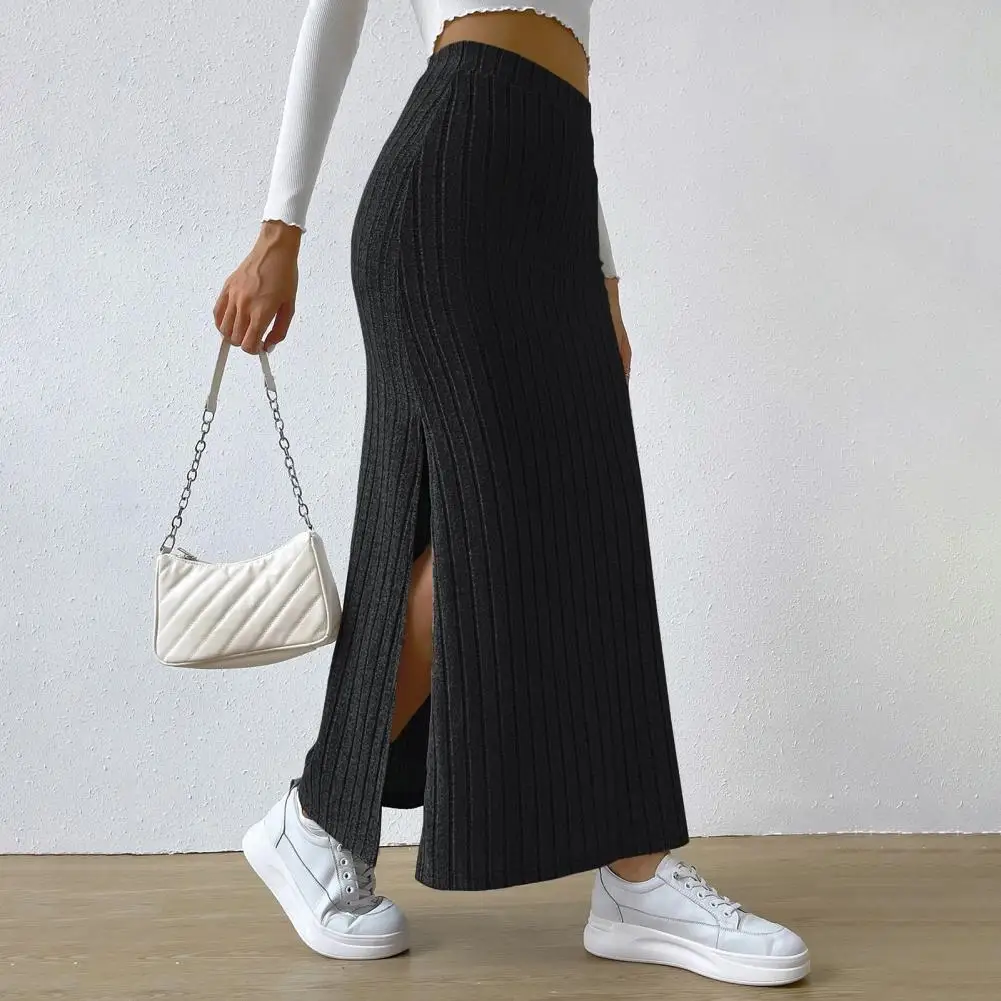 Women Maxi Ribbed Skirt High Waist Side Slit Knitting Skirt Solid Color Slim Fit Long Skirt Streetwear