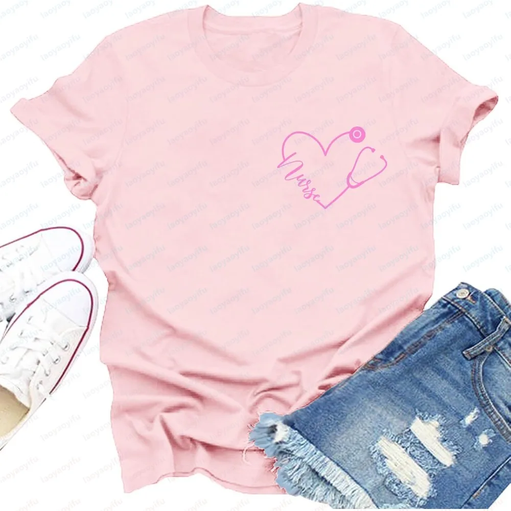 Women Summer Short Sleeve T-Shirt Fashion Nurse Stethoscope Heart Design Casual Stylish for Nurse Day Gifts crew neck Clothing