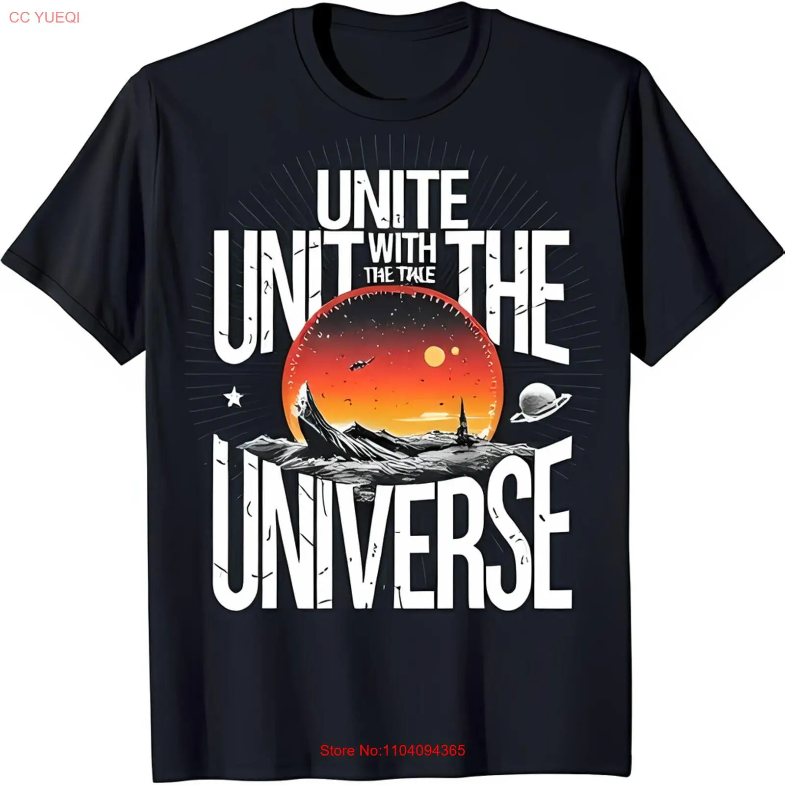 

Unite with the Tale Universe Black T-Shirt Colorful Sunset & Planet Graphic