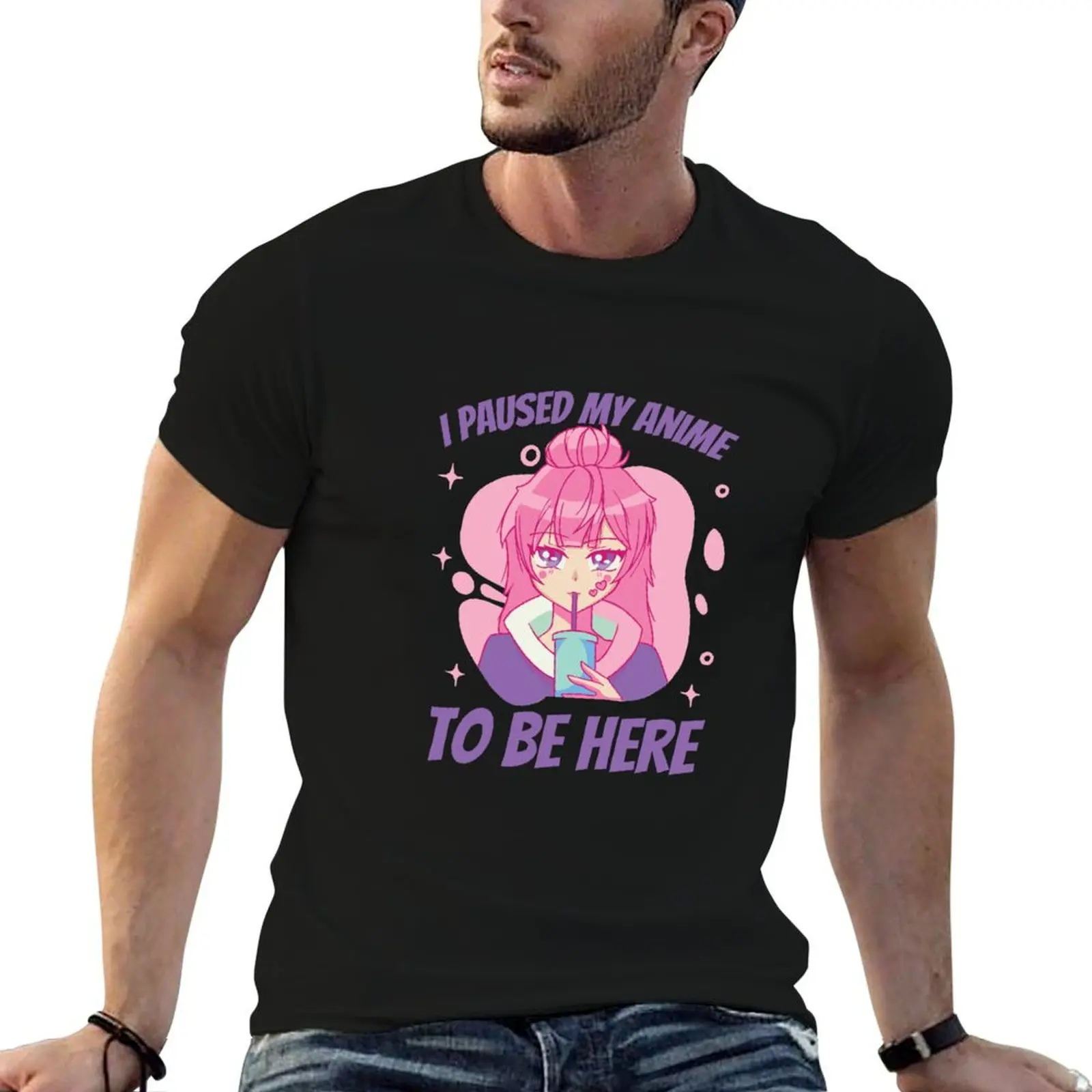 Lovely Pink Anime Girl- I Paused My Anime To Be Here T-Shirt Sports Casual Short Sleeve Cotton Tee