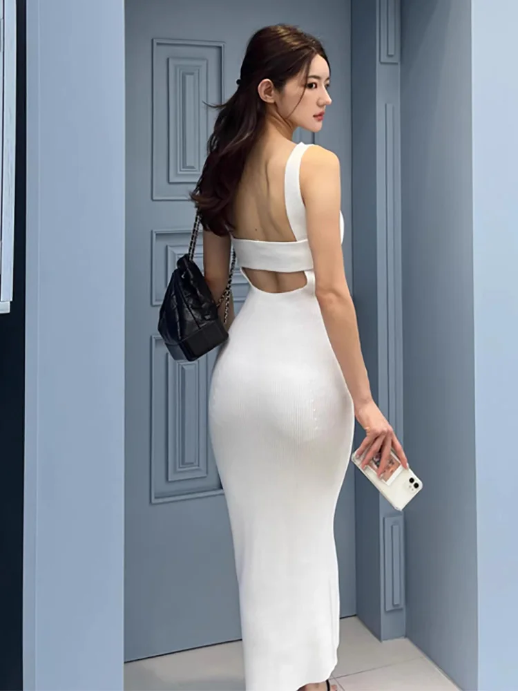 

Korean Fashion Sexy Slim Knit Dress Women Backless Sleeveless V Neck Wrap Hip White Black Dresses Summe Mid Dress Vestido Mujer