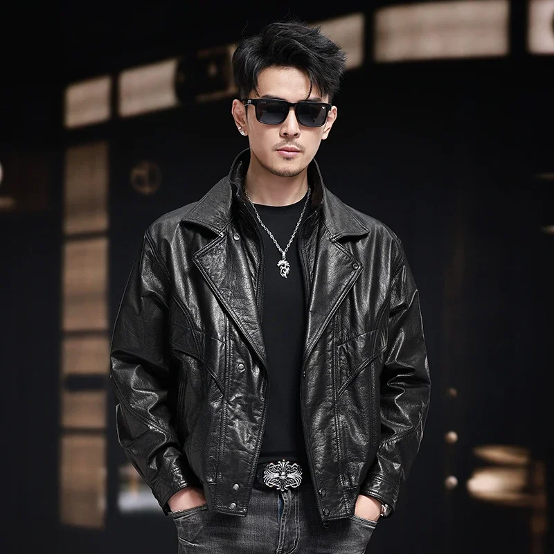 

Autumn Casual Genuine Leather Jacket Men's Loose Short Top Layer Calfskin Motorcycle Coat Fashion Biker's Real Leather Clothes