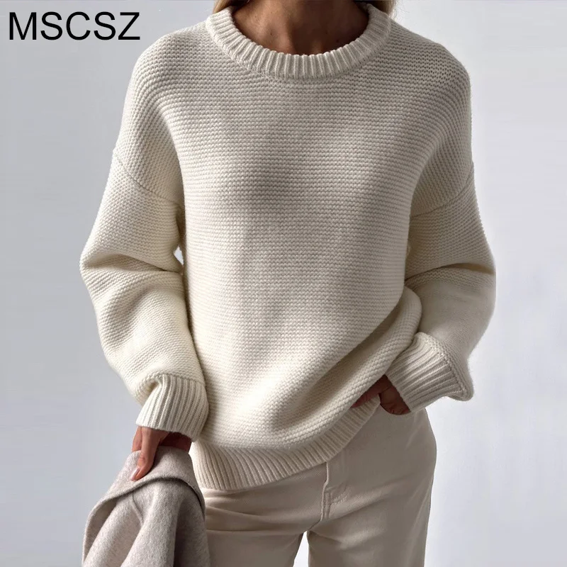 MSCSZ Women's Winter Sweater Round Neck Long Sleeve Loose Casual Pullover Knitted White Oversized Jumper Knitwear