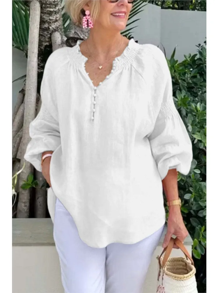 แฟชั่นผ้าฝ้ายลินินสีทึบเสื้อหลวมสำหรับฤดูใบไม้ผลิฤดูร้อนผู้หญิงลำลองหลวมคอวีปุ่มแขนยาว