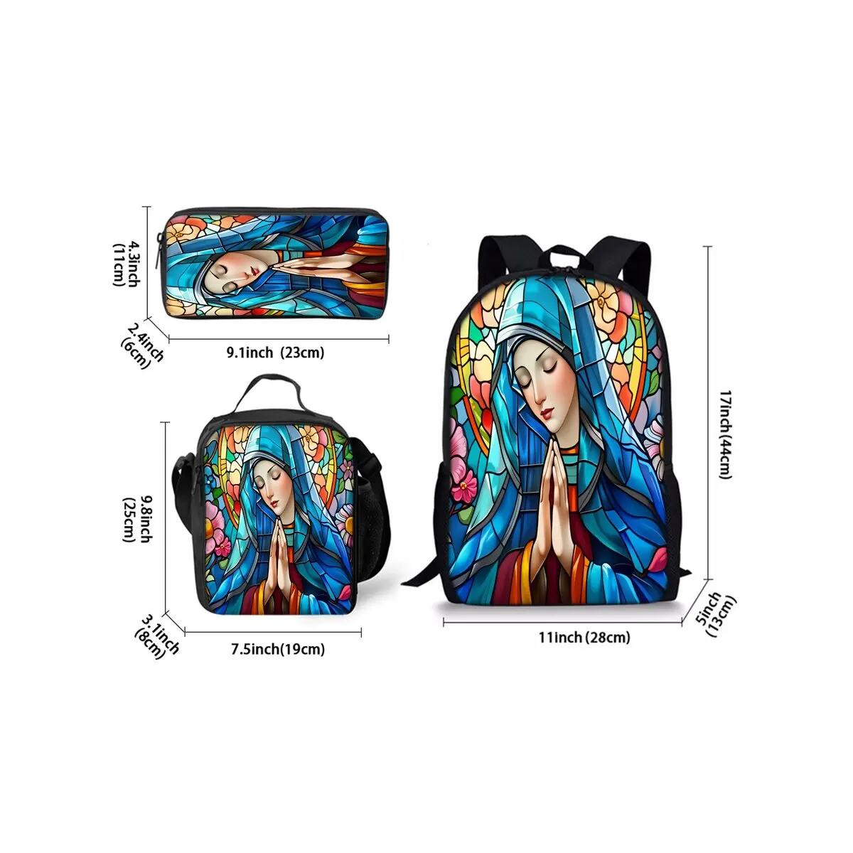 Virgin Mary Print Three Piece Backpacks Set for Boy and Girls Best Gifts 2D Flat Cartoon School Bag for Children