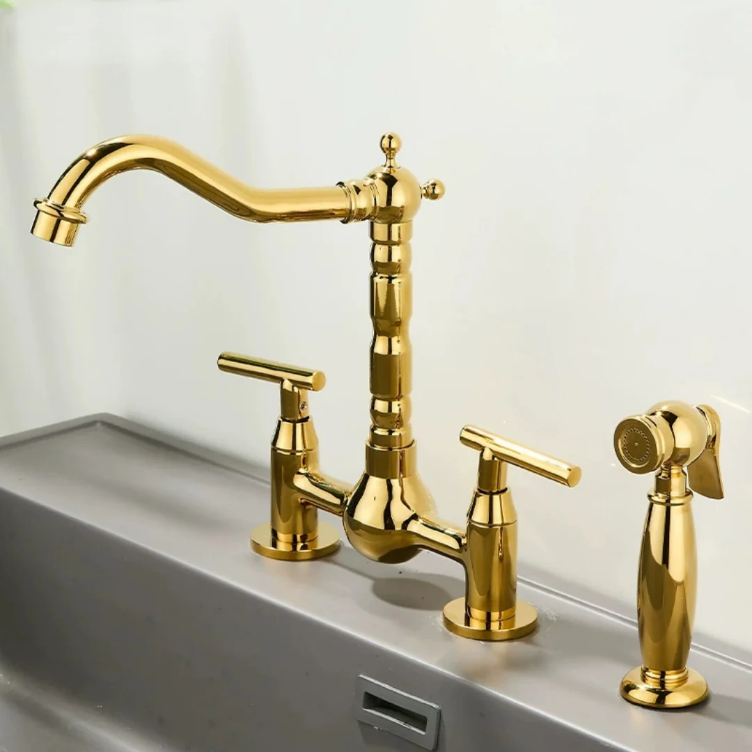 Gold Kitchen Faucet with Hand shower Head Chrome Pot Filler Faucet Tap Brass Hot and Cold Deck Mounted Sink Faucet Tap Spout