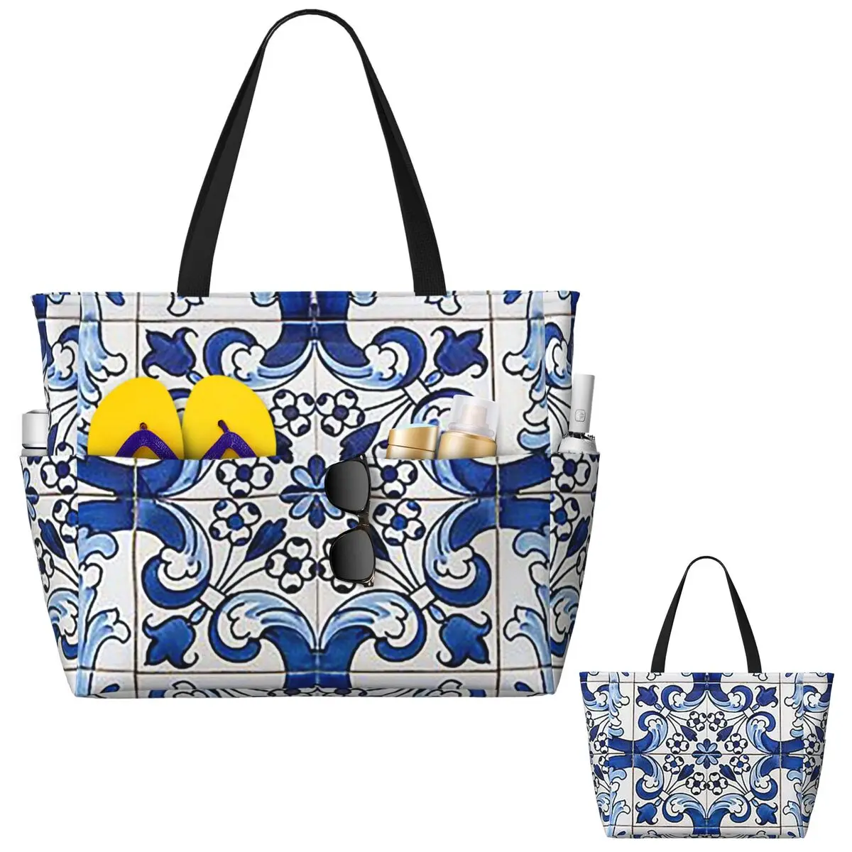 

Antique Classic Lisbon Blue Azulejo Tile Floral Beach Tote Bag Sport Gym Yoga Duffle Large Tote Bag Women Travel Bag Fitness bag