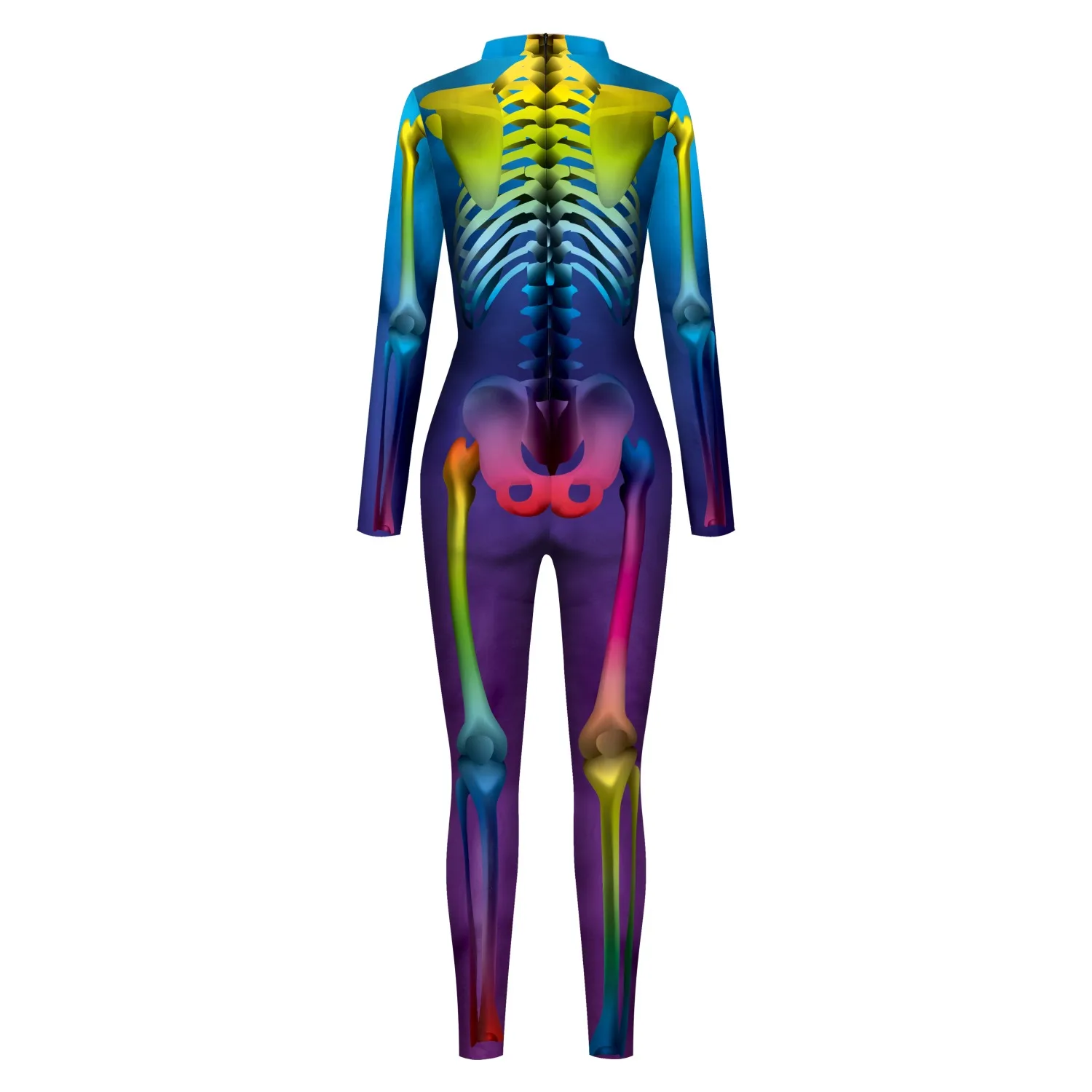 Halloween Women Rainbow Skeleton Anatomy Print Bodysuit Colorful Human Bone Pattern Jumpsuit Dark Festival Cosplay Outfit