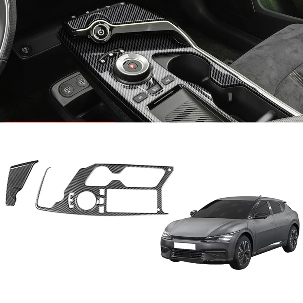 2Pcs Car Carbon Fiber Center Console Gear Shift Panel Water Cup Holder Decoration Cover Trim for KIA EV6 2021 2022 LHD