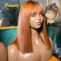 Wear and Go Glueless Wig 250% Density GInger Orange Bone Straight 13x4 Transparent Lace Front Human Hair Wig With Bang For Women
