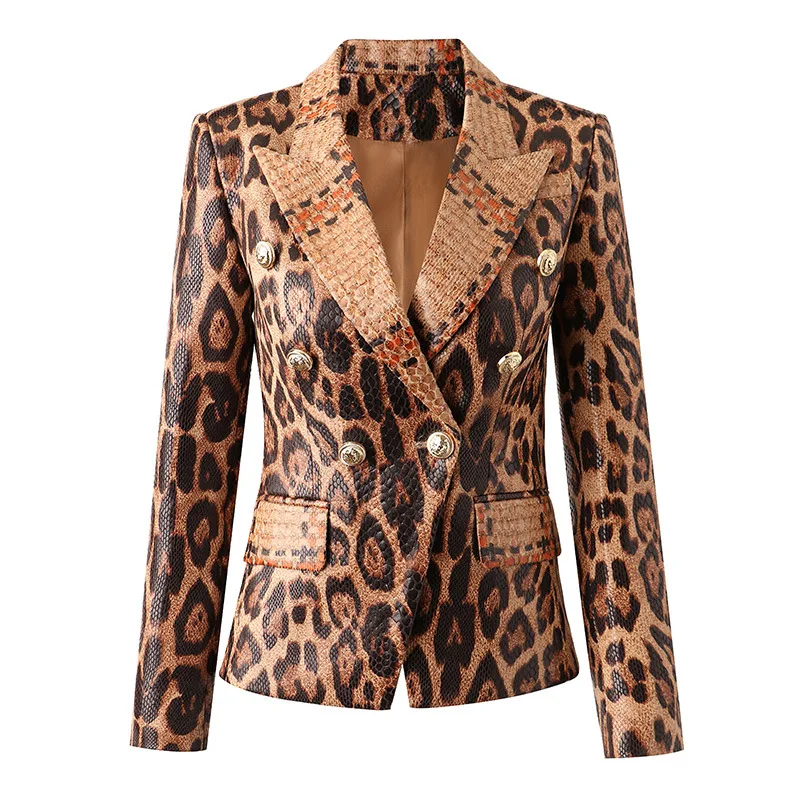 Leopard Print Suit Jacket Women High Quality Fashion Double Breasted Blazer Jacket Female Autumn Long Sleeve Slim Blazers Coat