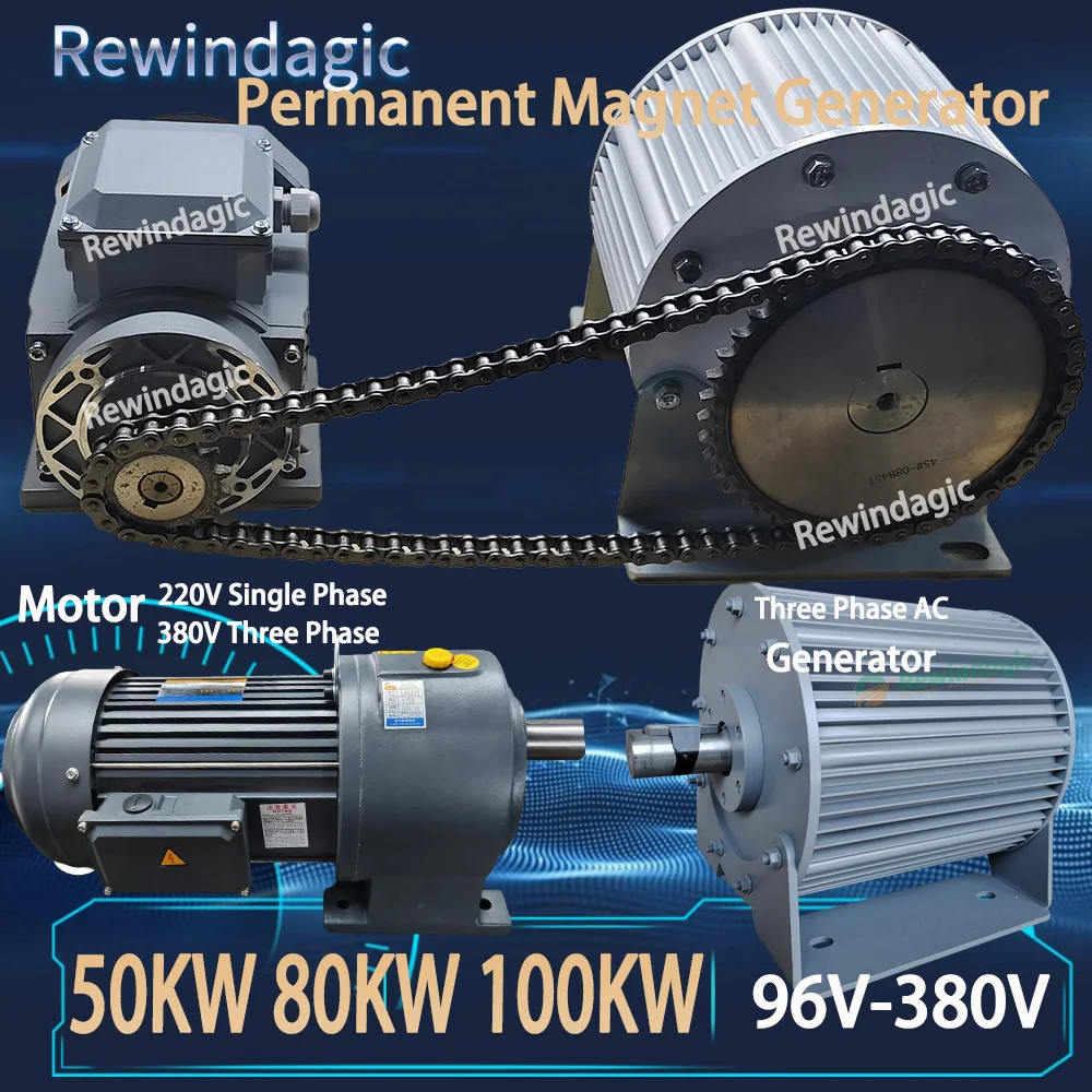 Low Noise 200RPM 50KW 100KW 380V Three Phase Alternator Free Energy Permanent Magnet Generator With Electric Motor Complete Set