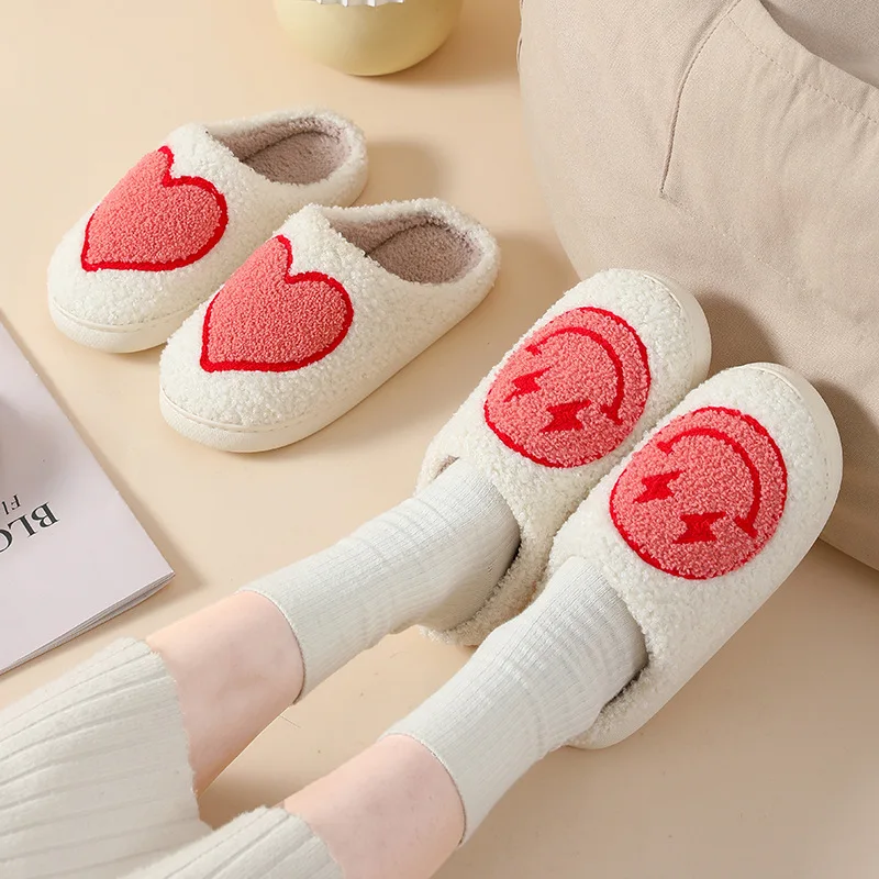 Cartoon Smile Face Fluffy Slippers Women 2024 Winter Warm Plush Home Cotton Slippers Woman Non Slip Flat Heels House Shoes Slide