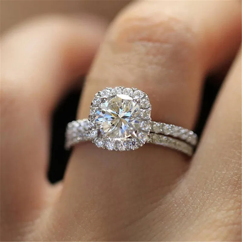 Wedding Engagement Rings Set For Women Couple Square Silver Color Crystal Birde Marriage Zircon Ring Dazzling Trend Jewelry R531