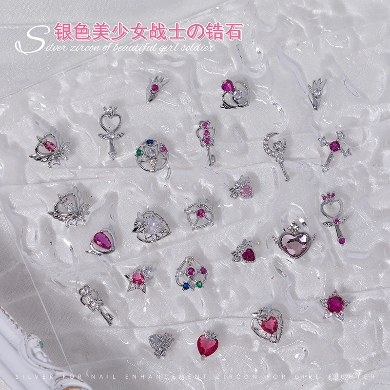 10 PCS mix Silver Pretty Soldier Sailor Moon Zircon Jewelry Magic Wand Star Heart Nail Decoration Colorful Diamond