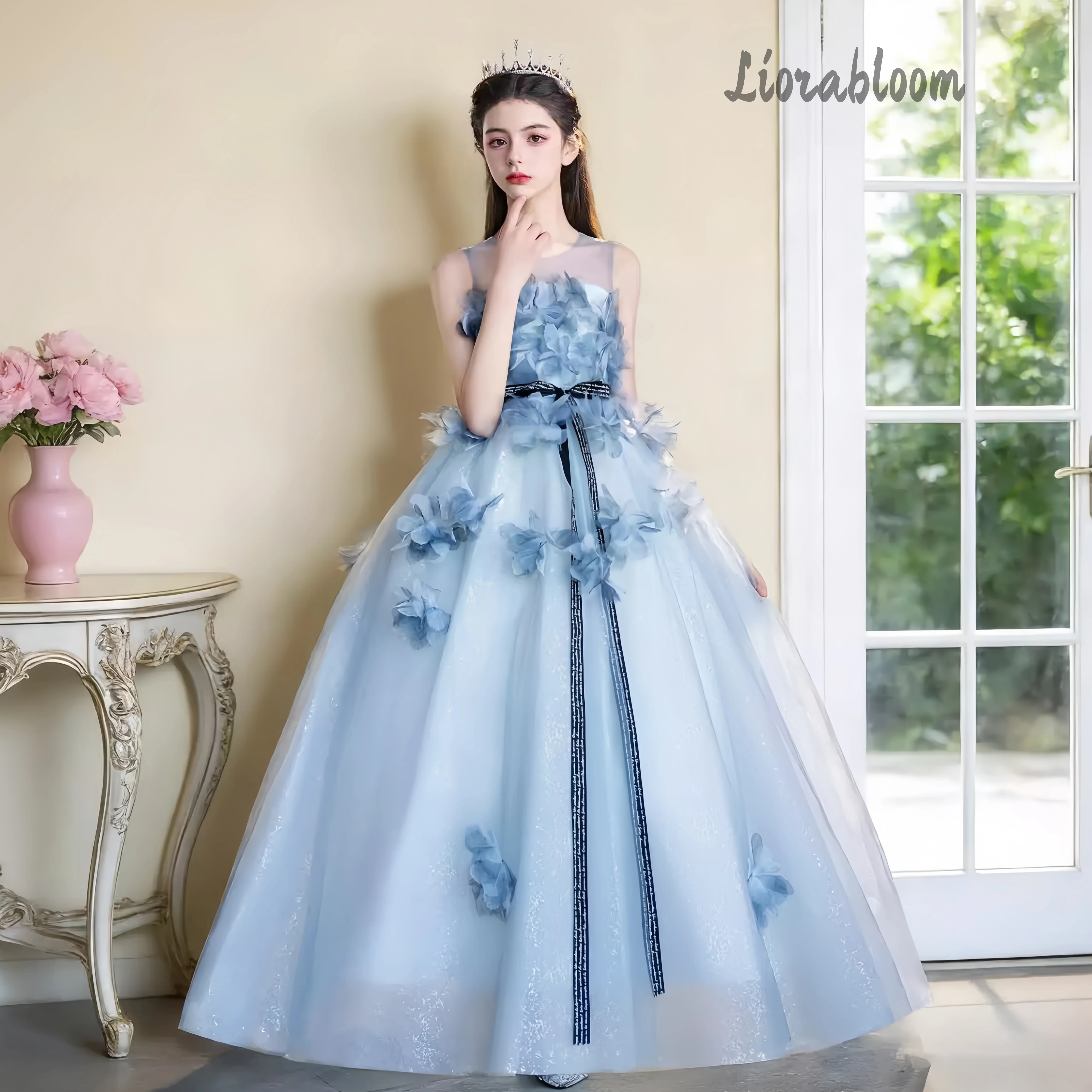 Abito da Cerimonia Extra Large Blu per Ragazze, Elegante Abito da Sera con Strascico Lungo, Vestito da Damigella, Abito da Principessa per Feste