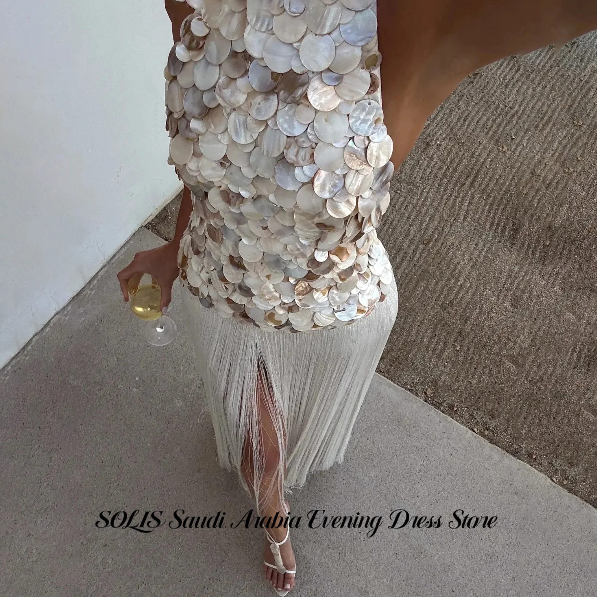 SOLIS White Prom Dress Open Back Iridescent Shell Sequins Cocktail Evening Dress Gloss Shell Sequin Fringe Party Gown Customized image 4