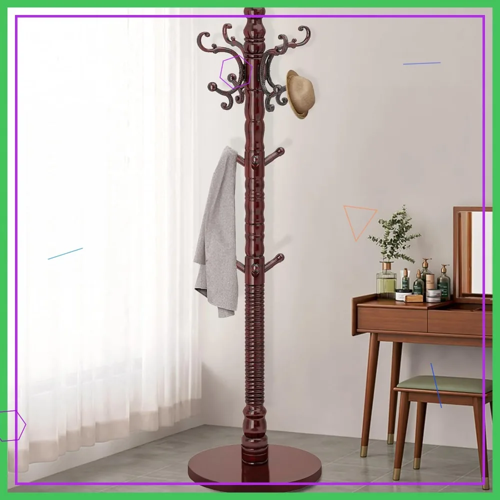 

Vintage Wood Coat Rack with 14 Hooks, Sturdy Round Base, Natural Birch Wood Entryway Stand Easy to Assemble