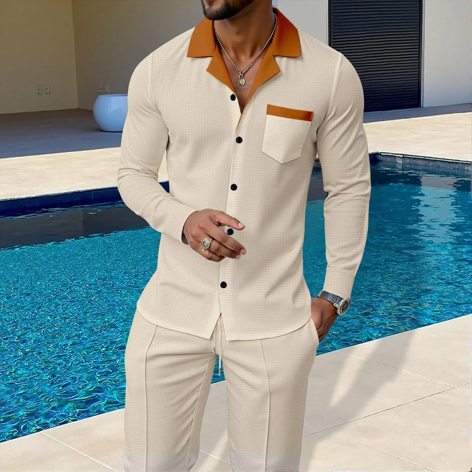 

Men's Long Sleeve Shirt And Pants Set Casual Beachwear Two-Piece Suit Lightweight Polyester Fiber Summer Fashion Urban Style