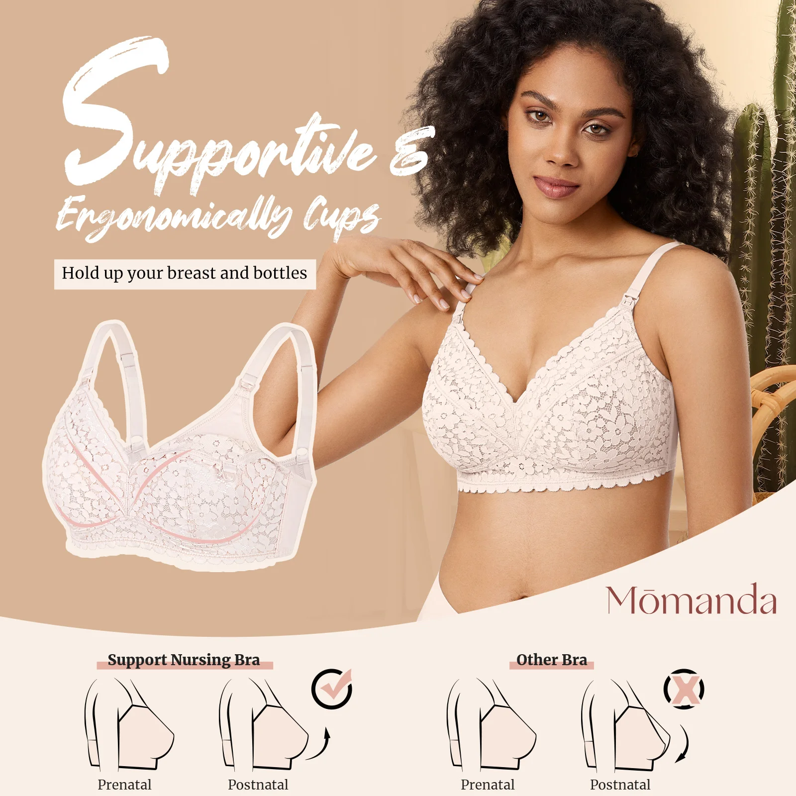 MOMANDA Hands Free Pumping Bra Breastfeeding Maternity Wireless Lace Sexy Underwear Women\'s Nursing Bra All In One DD E F