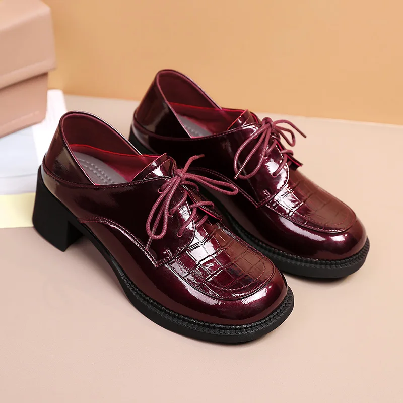 AIYUQI Women Oxford Shoes Genuine Leather 2024 New Spring Large Size Women Shoes Lace-up Mid-heel Patent Leather Women\'s Shoes