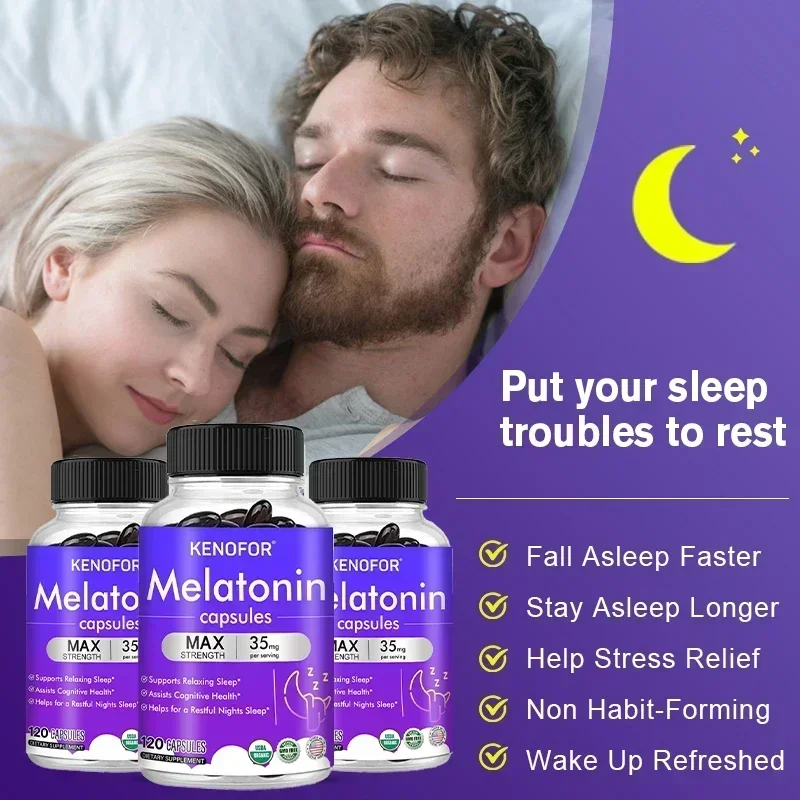 Kenofor Melatonina 35 mg Suplemento de máxima resistencia, suplemento para dormir para adultos 100% no tóxico, sueño profundo, alivio del estrés