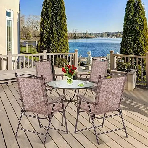 Set of 2 Patio Folding Dining Chairs, Outdoor Sling Lawn Chairs with Armrests, Steel Frame, Portable Camping Lounge