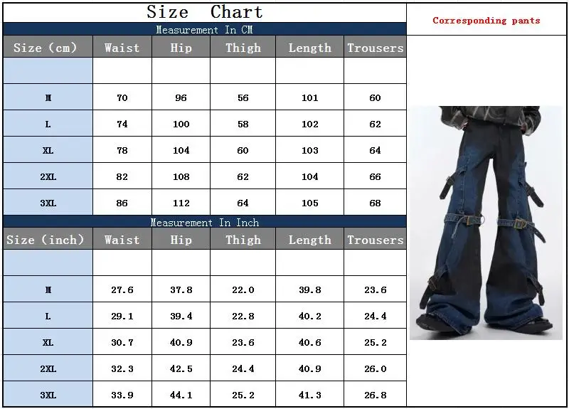 2026 Dark Y2K Streetwear Jeans mit Riemen-Design, Blaue Baggy Flare Jeans für Herren, Hip-Hop Punk Gothic Denim-Hosen, Vaqueros – Detail 3