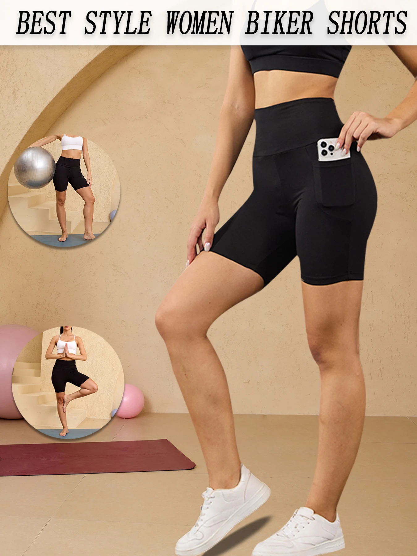 Damskie spodenki kolarskie z wysokim stanem, z kieszeniami, super miękkie, nieprześwitujące, do ćwiczeń, biegania, jogi, sportowe, modelujące, na siłownię.