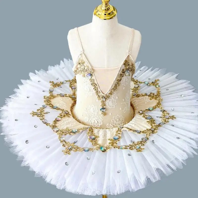 Ballet Skirt Girl Performance Clothing Children Kids White Swan Dance Pancake Tutu Lace Top Professional Ballerina Tutus Girls