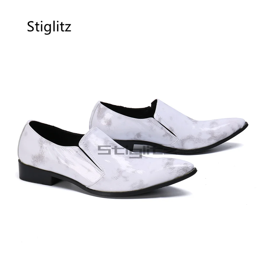 Men's White Genuine Leather Wedding Shoes Slip On Loafers Pointed Toe Low Heel Formal Dress Business Shoes Big Size 38-47
