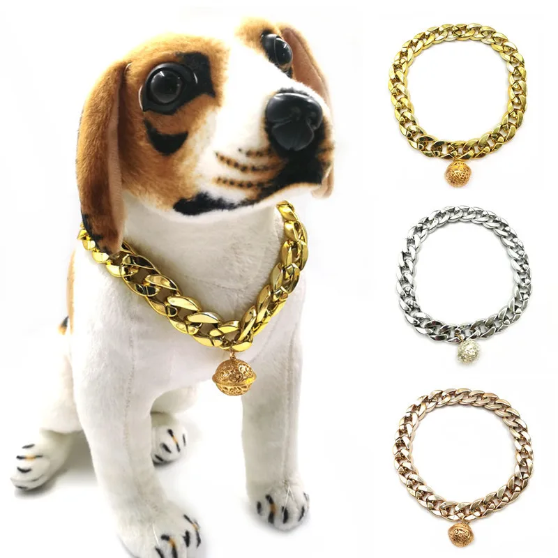 Pet Gold Necklace Cat Bell Big Dog Collar Shiba Inu Corgi Teddy Big Gold Chain Jewelry UV Plating Dog Accessories