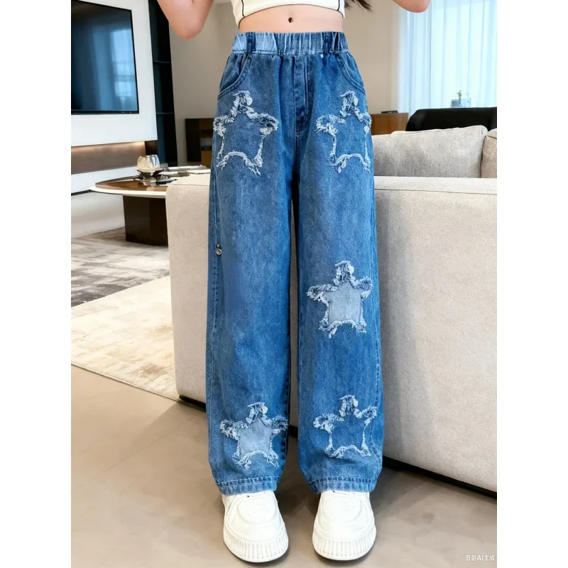 

2025 Girls Comfortable Soft Fabric Wide-leg Pants, Casual Daily Versatile Style, Star Element Printed Imitation Denim Trousers