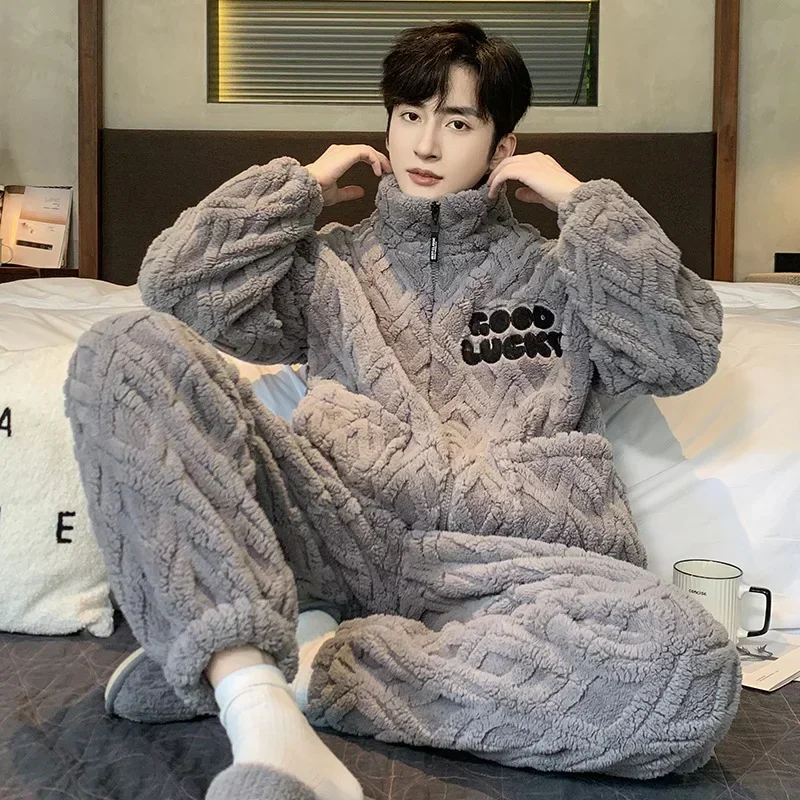 

Winter Warm Stand Collar Zipper Pajama Sets Men's Jacquard Coral Fleece Coat + Long Pants 2 PCS Sleepwear Male Loungwear Clothes