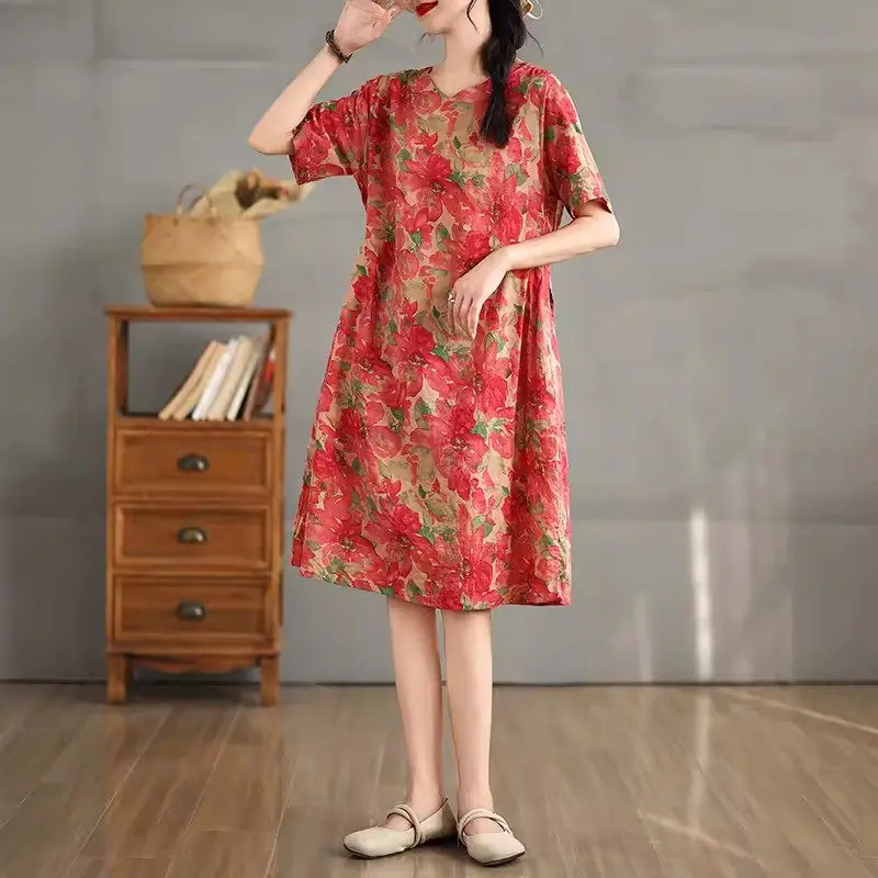 Artistic Casual Loose Versatile Cotton And Linen Dress For Women Short Sleeve 2024 Summer Clothing Printed Vestidos K2018